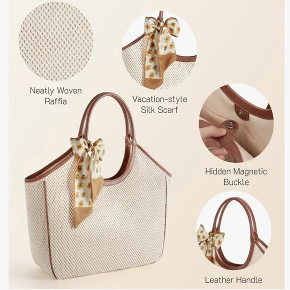 *New* (1 Left) Large Beach Straw Tote Raffia Woven Shoulder Bag - Brown/Beige - Picture 6 of 8